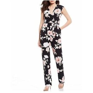 Jessica Howard Floral Jumpsuit Wide Leg Sleeveless Black Pink 1X